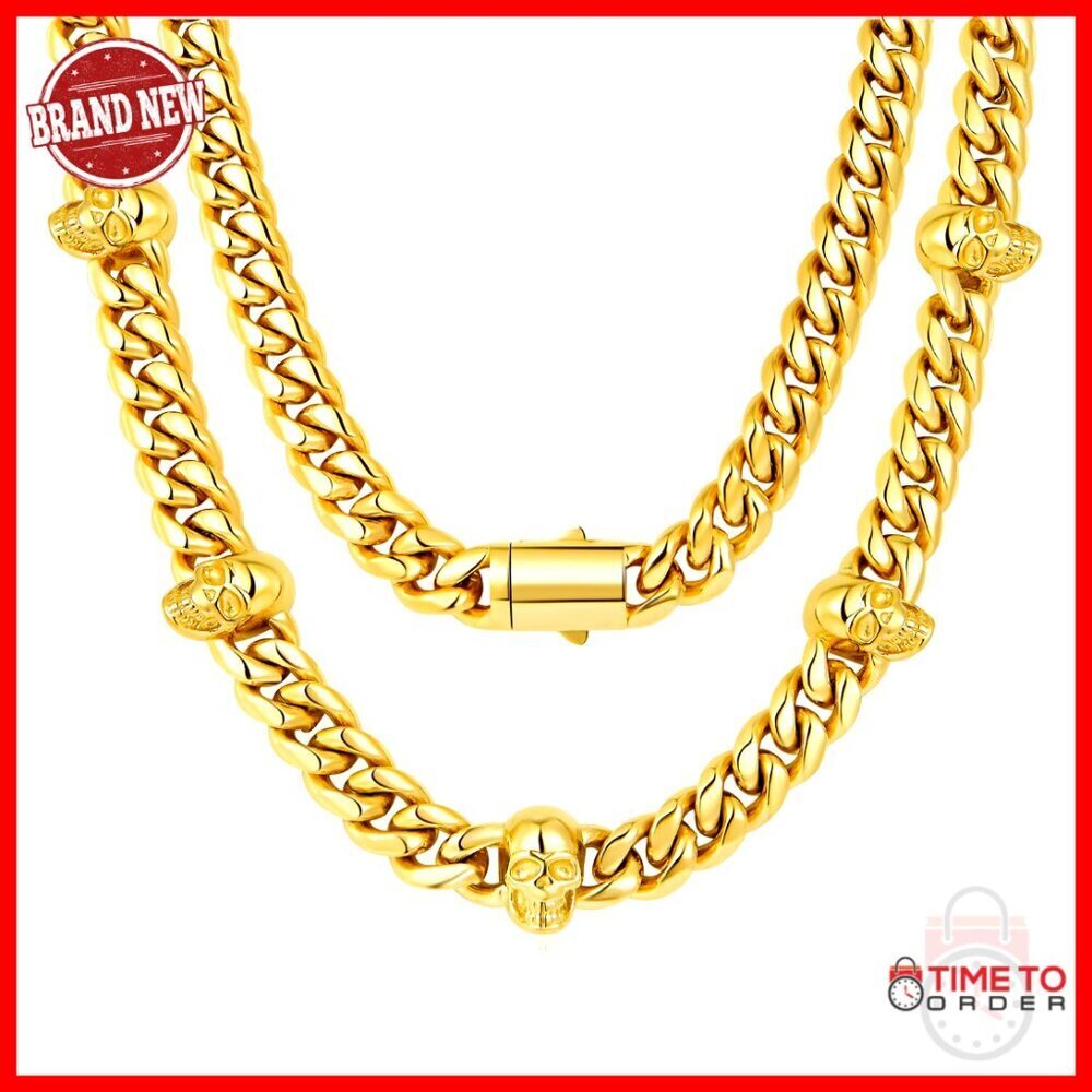 12mm Stainless Steel Skull Cuban Link Chain Necklace 22IN Hip Hop